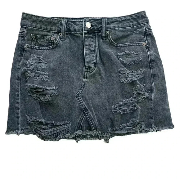 American Eagle Size 4 Black Button Fly Jean Mini Skirt Distressed - Picture 1 of 8